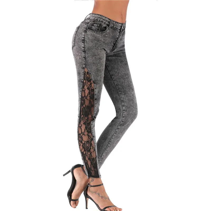 Plus Size Sheer Lace Jeans Leggings With Low Waist And Skinny