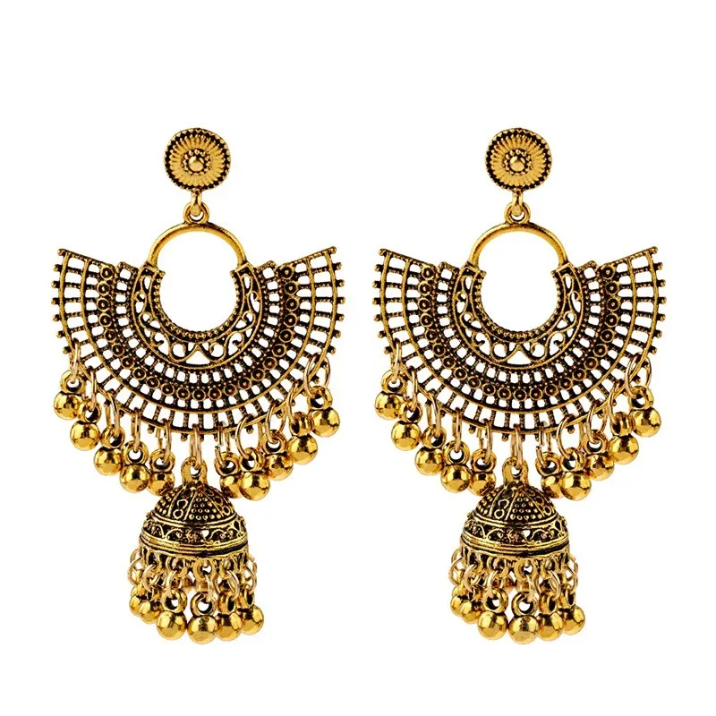 Indian Gypsy Jewelry Boho Ethnic Gold Sliver Color Metal Hollow Big Bells Long Drop Dangle Earrings For Women oorbellen