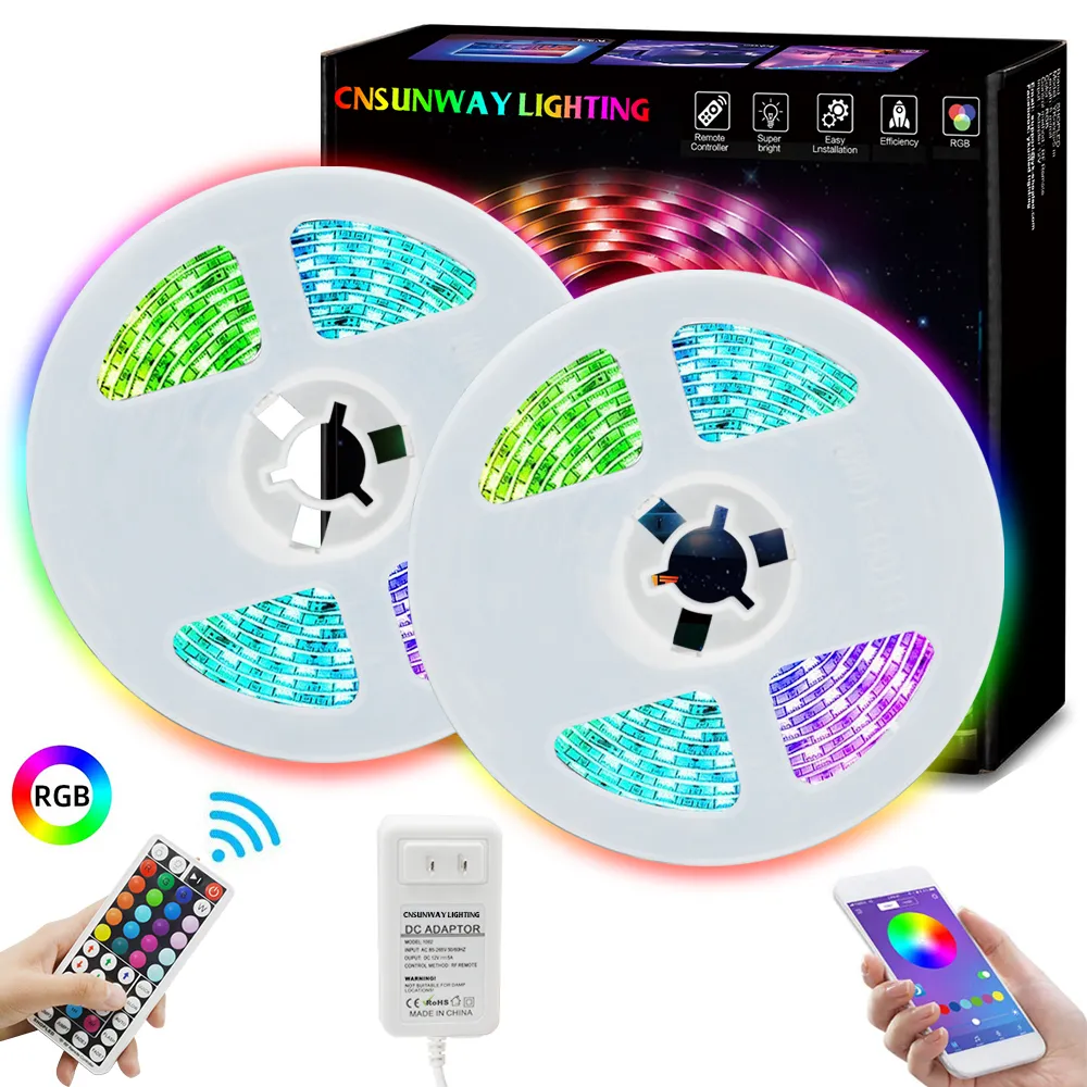 RGB LED Strip Light Tape Flexibele Diode Lint SMD 5050 RGB 44Key RF Remote Lighting + met Bluetooth-app 5m 10m