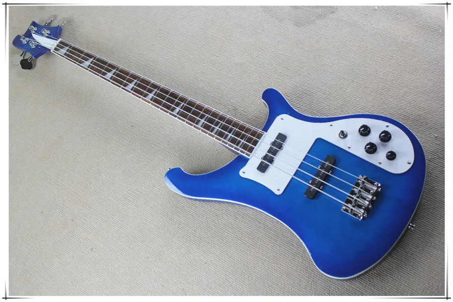 Blue Body 4 Strings Electric Bass Guitar with 2 Pickups,White Pickguard,Chrome Hardware,Can be customized