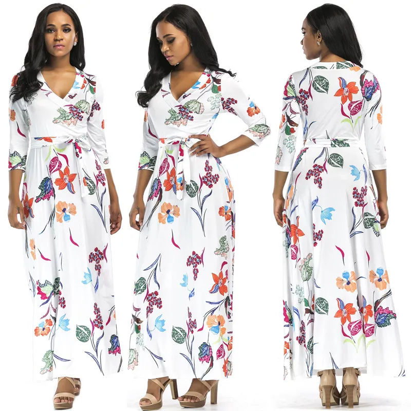 Primavera nova das mulheres plus size roupas flores imprimir longo dress 3 / 4sleeve com decote em v moda elegante flores imprimir dress bohemia maxi longo dress