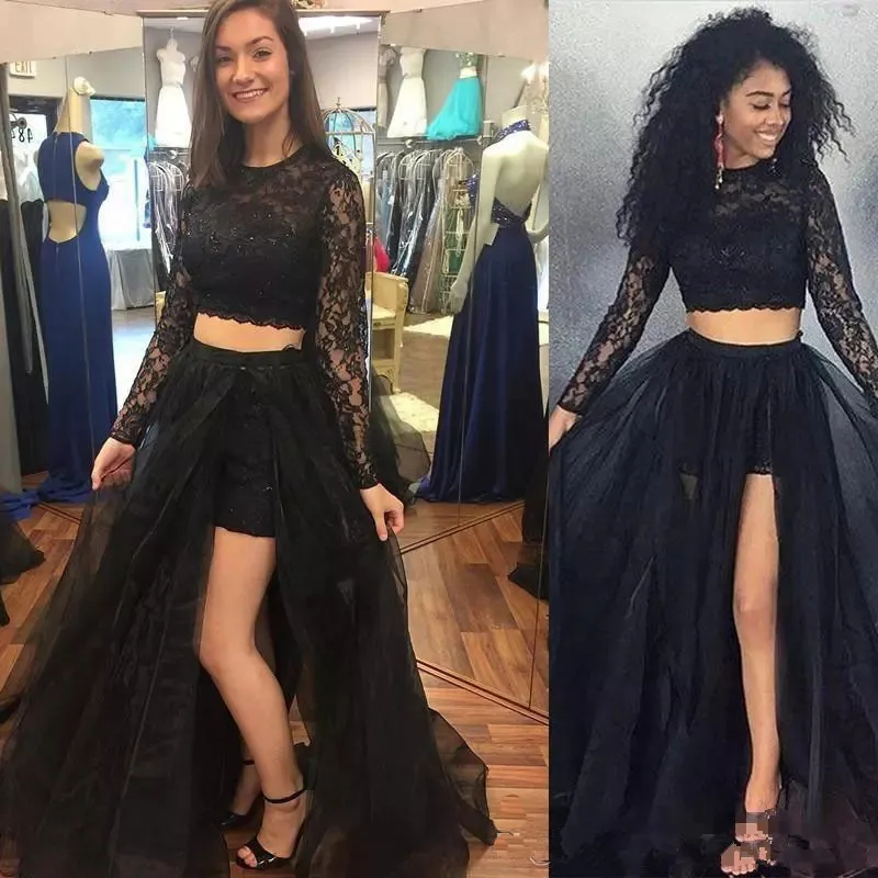 2019 Abiti da ballo in tulle con spacco laterale in pizzo nero sexy laterale alto Due pezzi Abito da spettacolo a maniche lunghe Abiti formali Abito da sera per feste