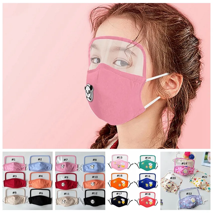 2 i 1 ansiktssköldmask Anti dammsugningsventil Ansiktsmasker Tvättbar mundämpare Kids tecknad ögonskärmsmask utan filter CCA12292 100PCS