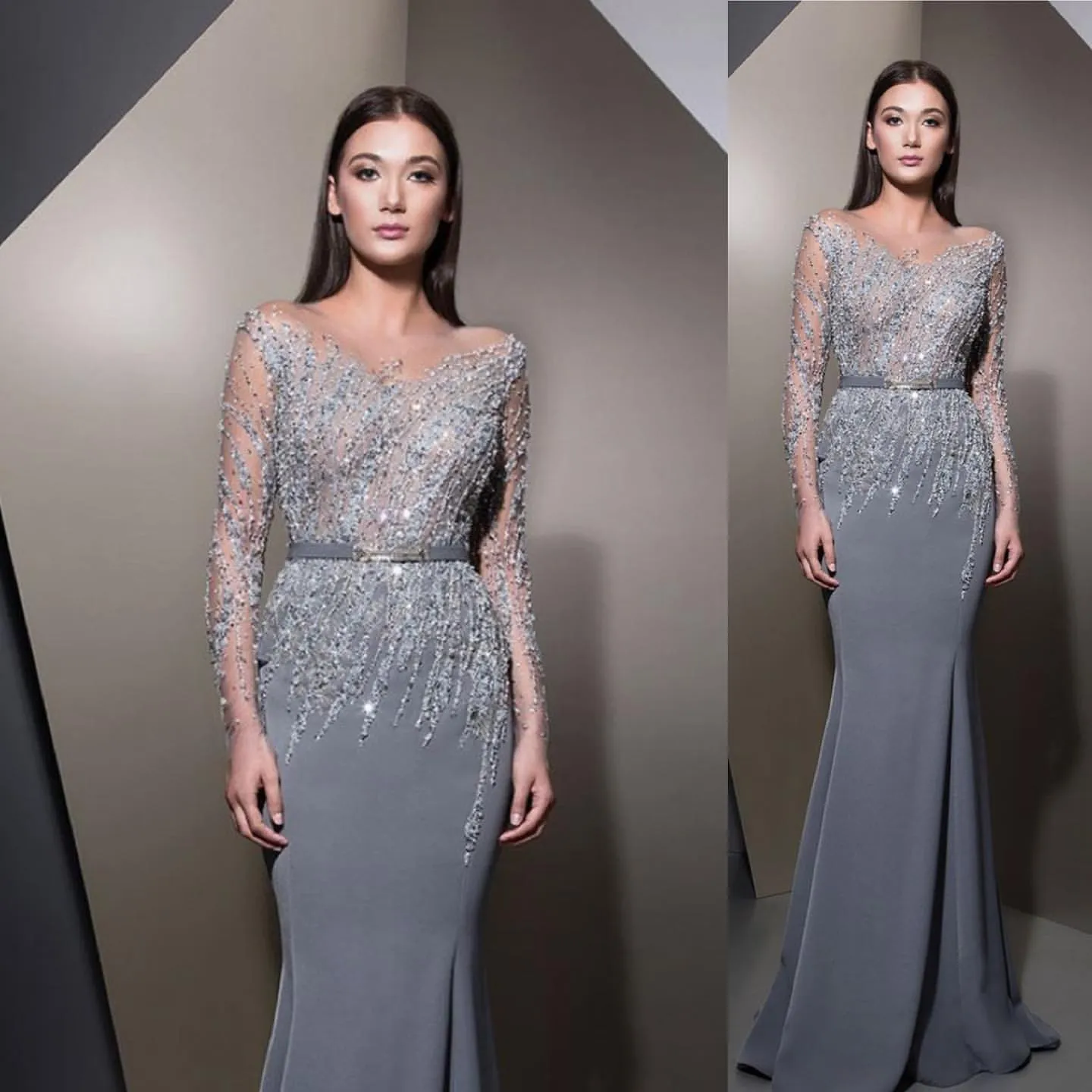 2019 Arabiska Silver Sexig Mamma Brudklänningar Beaded Sequins Mermaid Brudgummen Klänningar Långärmad Formell Kväll Party Gowns ZJ495