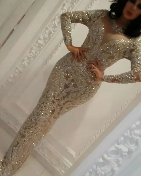 Yousef aljasmi prom jurken juweel hals lange mouw kralen zeemeermin avondjurken vloer lengte Dubai luxe feestbaan jurk plus size