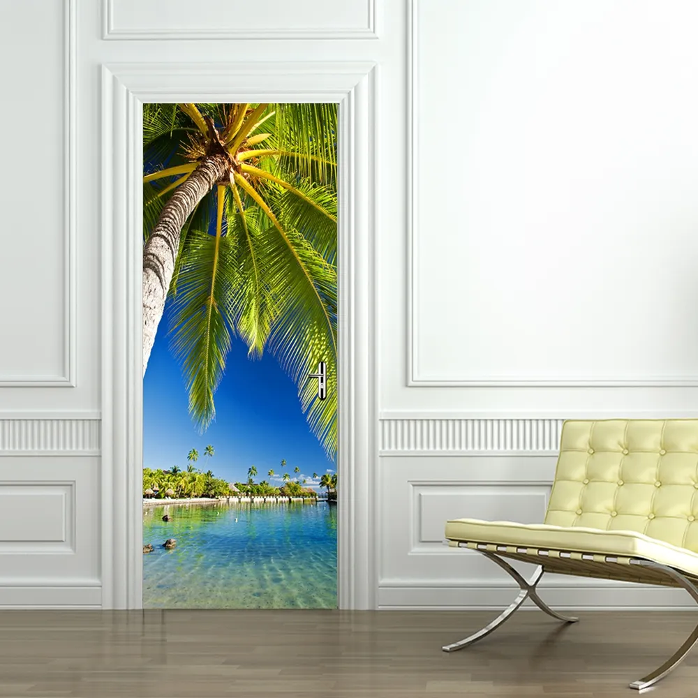 Palm Tree Waterproof 3D Door Mural Sticker for Living Room Self-Adhesive