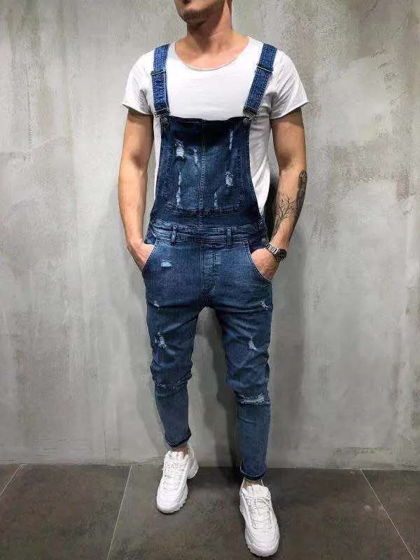 Homens rasgados denim macacão jean casual suspensórios calças masculinas moda hip hop macacão jean bib pant streetwear2345