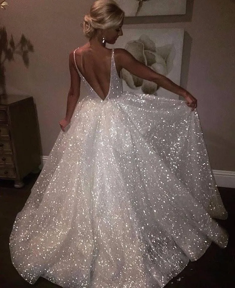 2020 Bling Sexy Sequined A Line Wedding Dresses Spaghetti Straps Deep V Neck Open Back Cheap Plus Size Pageant Special Occasion Formal Gowns