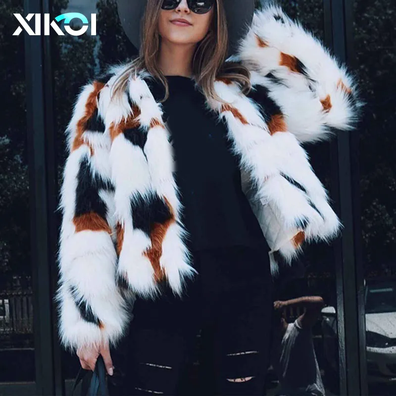 Xikoi Lady Puszysty Ciepły Faux Fur Coat Kobiety Fałszywe Futro Krótki Płaszcz Zimowy Kobieta 2018 Jesień Chic Party Casual Furry Płaszcz
