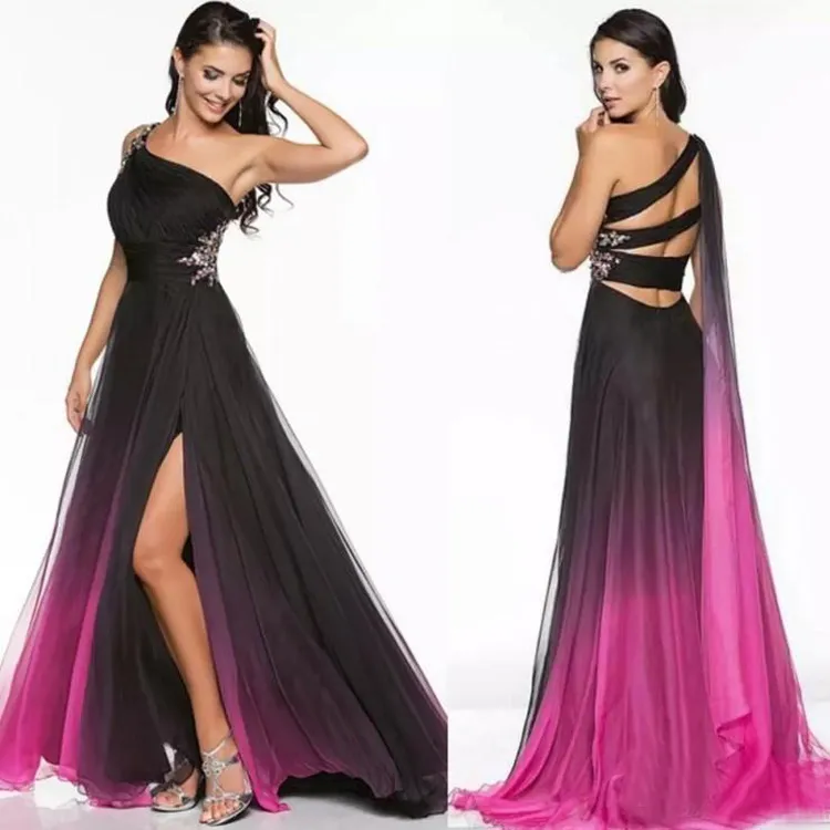 2019 Novo Gradiente Ombre Prom Vestidos Chiffon Um ombro Beading Sexy Dividir Pista Vestidos de Noite Formal