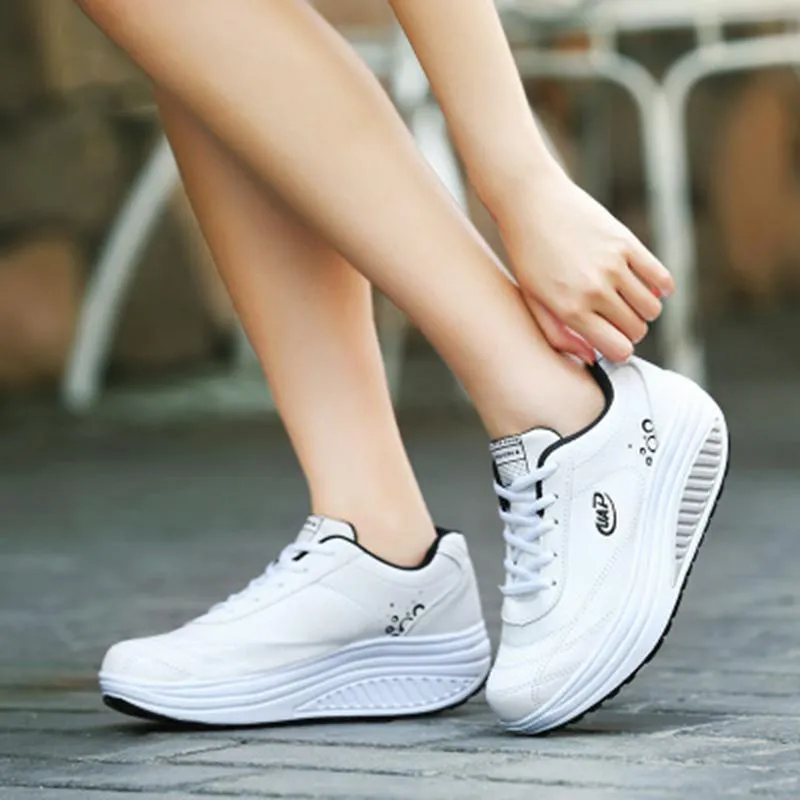 Hot Sale-Women Slimming Swing Shoes Wedge Four Seasons New Lace-up Height Increasing Female Sport Shoes