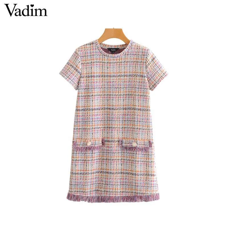 Vadim Kvinnor Elegant Tweed Plaid Mini Dress Tassels Kortärmad O Neck Female Casual Fashion Chic Dresses Vestidos Qa326 J190619