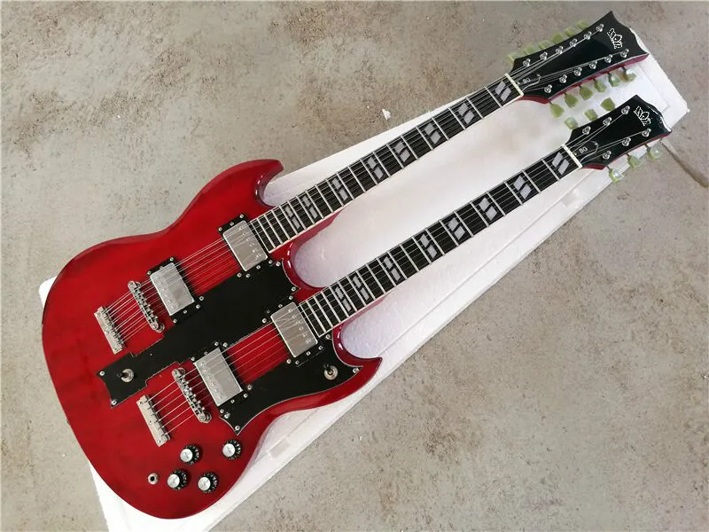 FDDH-007 de alta calidad, color rojo transparente, cuerpo sólido, hardware cromado, 12/6 cuerdas, guitarra eléctrica de doble cuello, envío gratis
