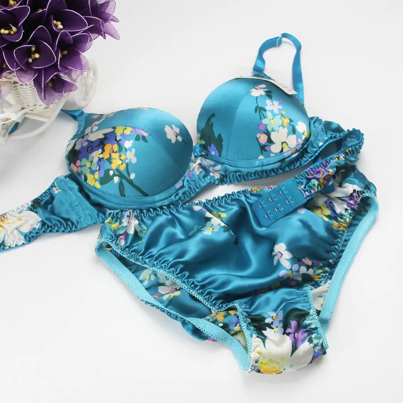 Bras Sets Design Printed Bra 100% Silk Underwear + Panty Set