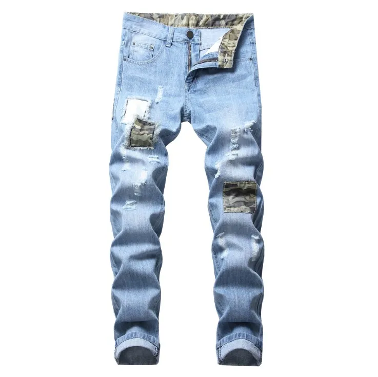 Jeans masculinos retalhos moda casual design magro rasgado afligido camuflagem denim size28-42