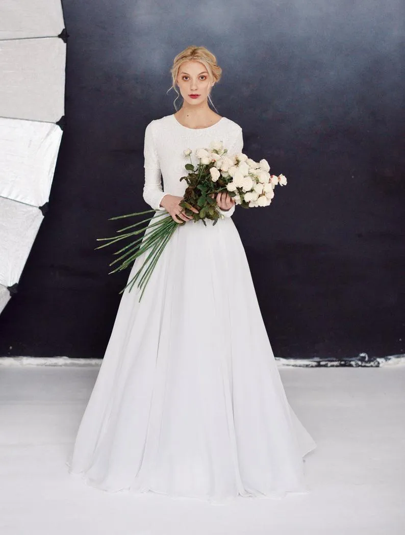 Long Sleeve Lace Wedding Dress Modest Chiffon Bridal Gown with Sweep Train  and Covered Button Back from Dhgate A-Line Wedding Dresses - price 115.08