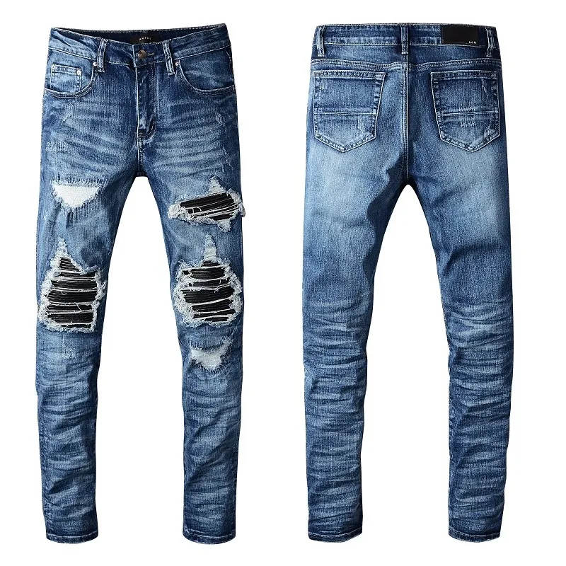 Luxe solide klassieke heren jeans aankomst ontwerper mode stiksel lederen motorrijder gescheurde jeans noodlijdende broek zebra strepen topkwaliteit US uk maat 2940