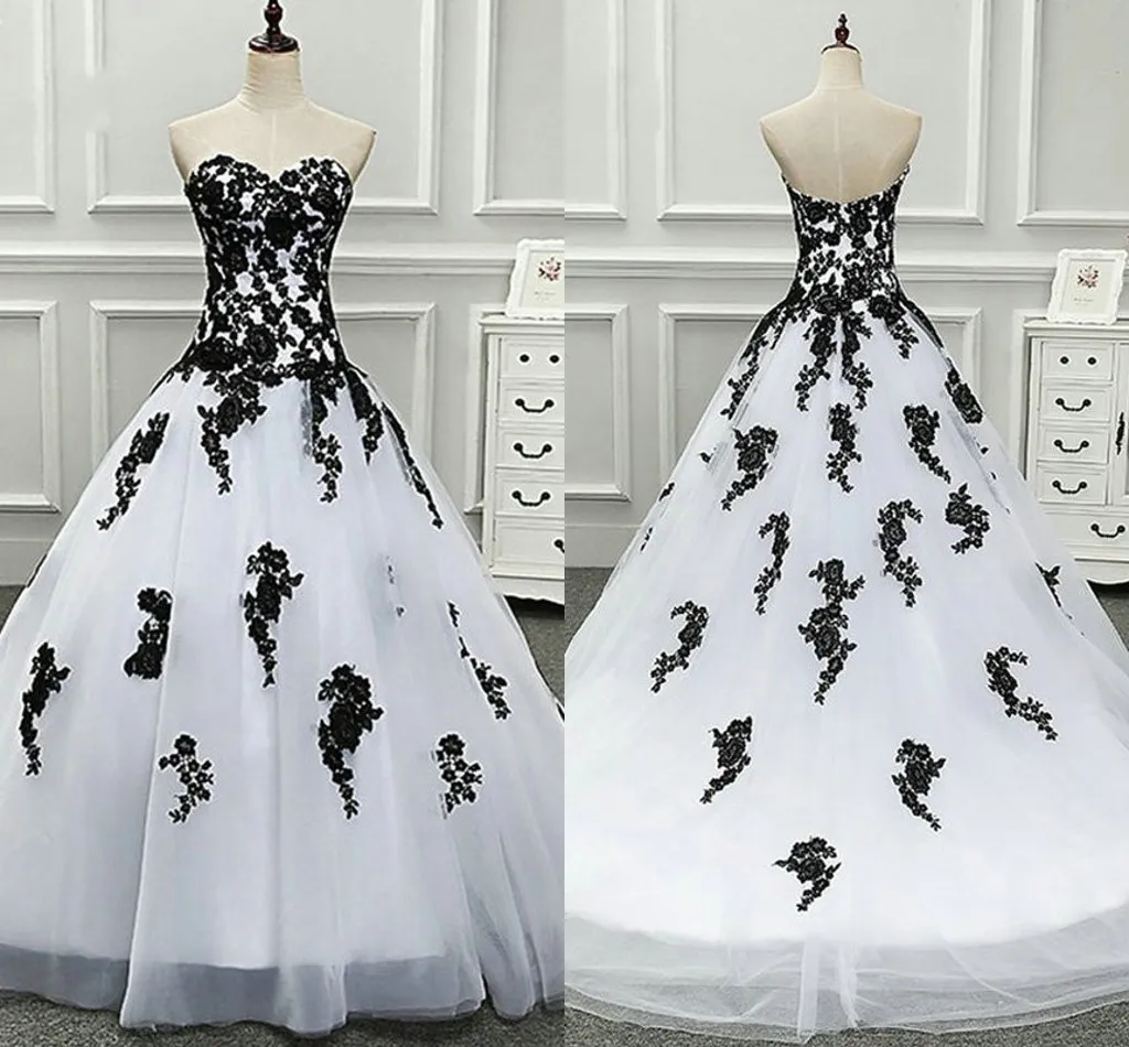 Black Applique Branco Vestido de Noiva Vestido De Bola Nupcial Sem Altaúlas Zíper Partido Recepção Casamento Recepção Vestido Jardim Vestidos de Novia Barato