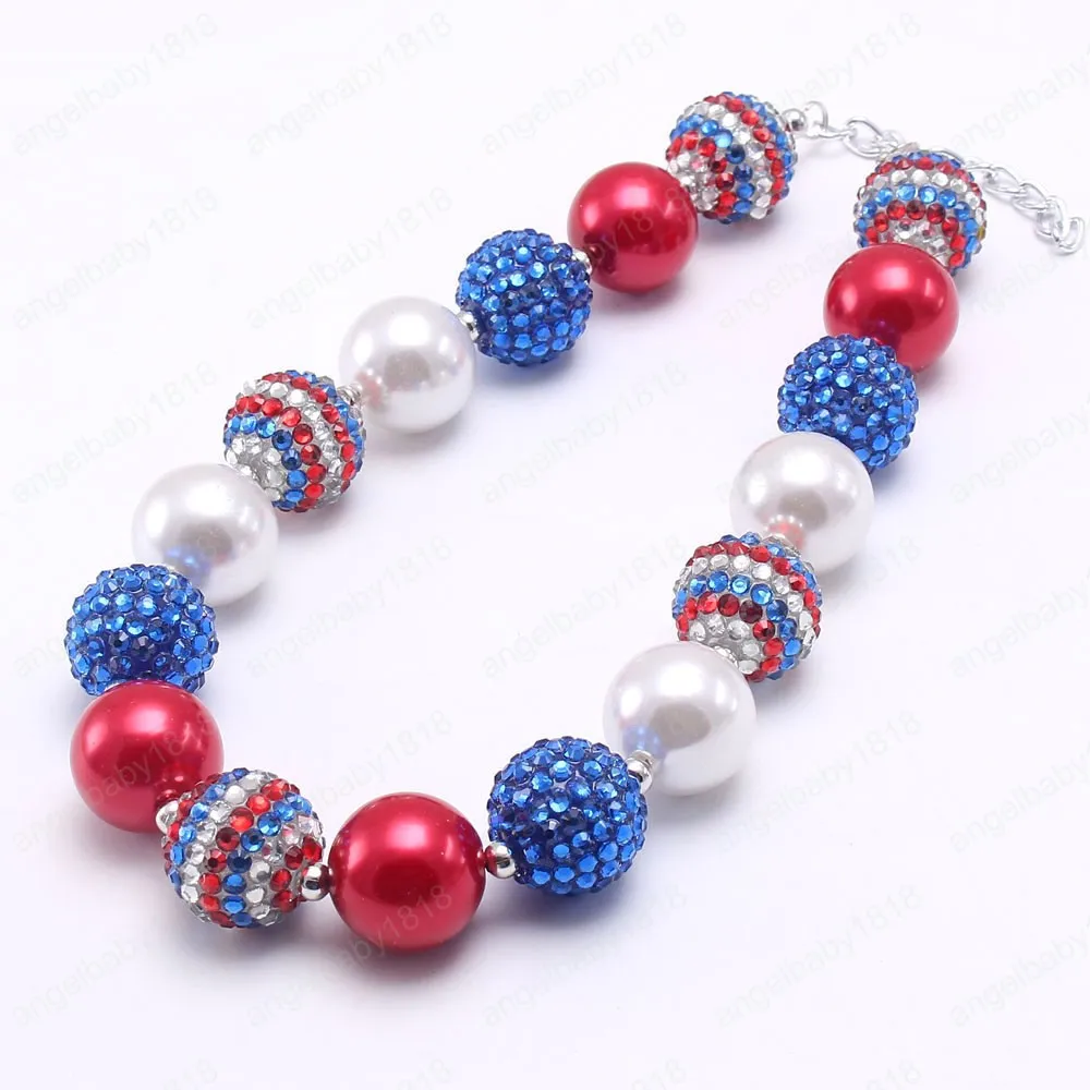 Bluewhitered Kid Bubblegum Bead Necklace 4th Juli Style Chunky Necklace Bästa present Mode Smycken för Barn Flickor