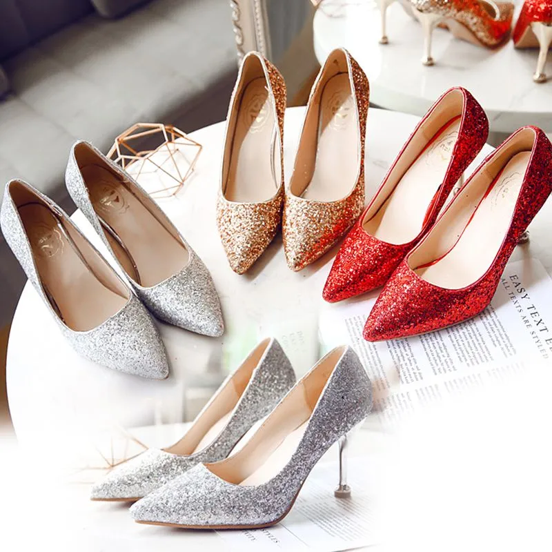 Sparkling Sequins Lace Red Wedding Shoes Comfortable Designer Bridal Silk Eden Gold Heels Shoes for Wedding Evening Party Prom