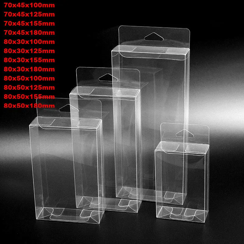 DHL 50 pc plástico Caixas de PVC claras com gancho de suspensão Caixa de presente impermeável transparente PVC Caixa de empacotamento Caixa de empacotamento para jóias / doces / brinquedos / bolo