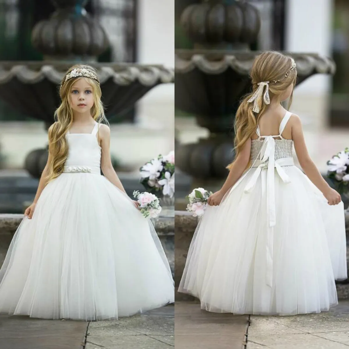 2020 Biały Kwiat Dziewczyny Sukienki Princess Tulle Pasek Dziewczyny Nosić na ślub 3D Kwiat Tape Wstążka Długa Długość Długość Dziewczyny Pegeant Dress