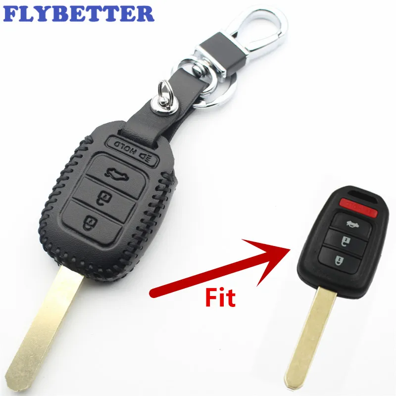 FLYBETTER housse en cuir véritable pour clé télécommande à 4 boutons pour Honda Accord/Civic/Crv/Jazz/HRV/Vezel style de voiture L406