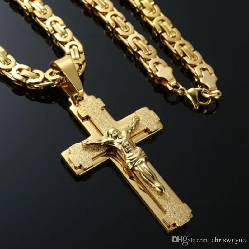 Hot Sale Men's Stainless Steel Cross Necklace Chain 18K Gold Filled Jesus Pendant Men Chain Christian Jewelry Gifts