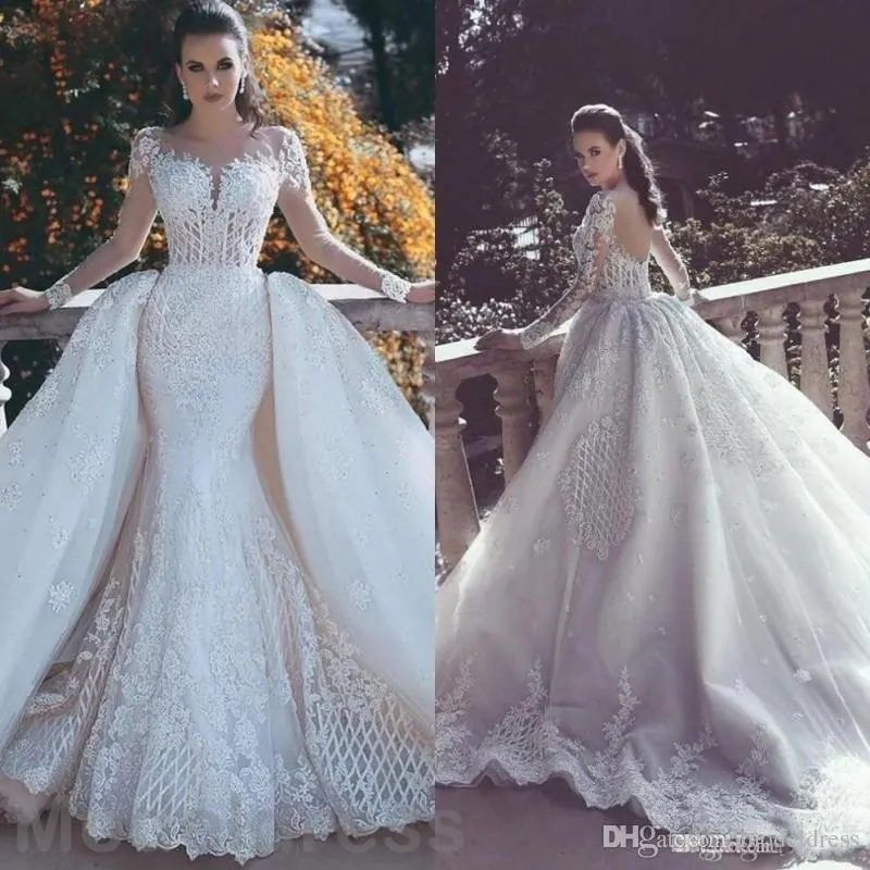 African Luxury Lace Mermaid Wedding Dresses 2020 Illusion Neck Long Sleeve Detachable Train Appliques Beaded Plus Size Bridal Gowns Arabric