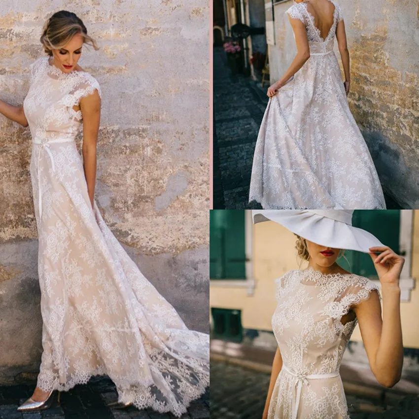 2020 Vintage Champagne Dantel Bohemian Gelinlik A Hattı kap Kol Seksi Backless Gelin Kıyafeti 4507 Tren vestidos de novia Sweep