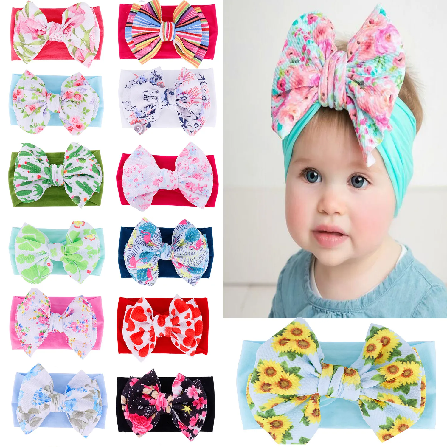 Ins bedruckte Stirnbänder Baby Bow Flower Boutique Mädchen Bohemia Haarschmuck Kinder Kopfbedeckung Haarband FFA2878-1