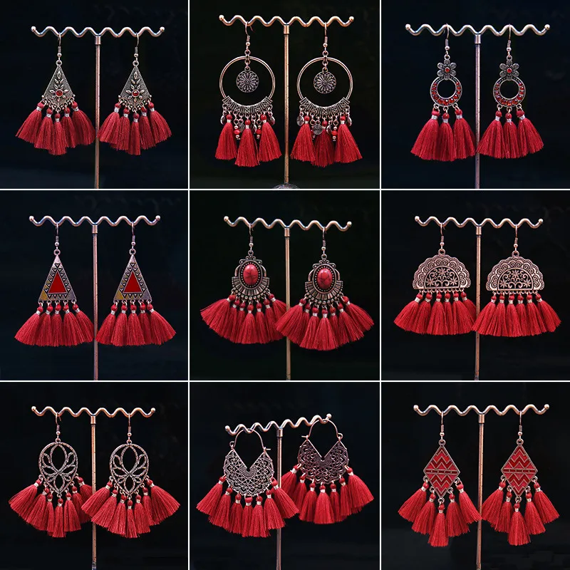 Boucles d'oreilles de Style National bohémien pour femmes, faites à la main, glands rouges chinois, pendentifs, boucles d'oreilles géométriques, bijoux à la mode