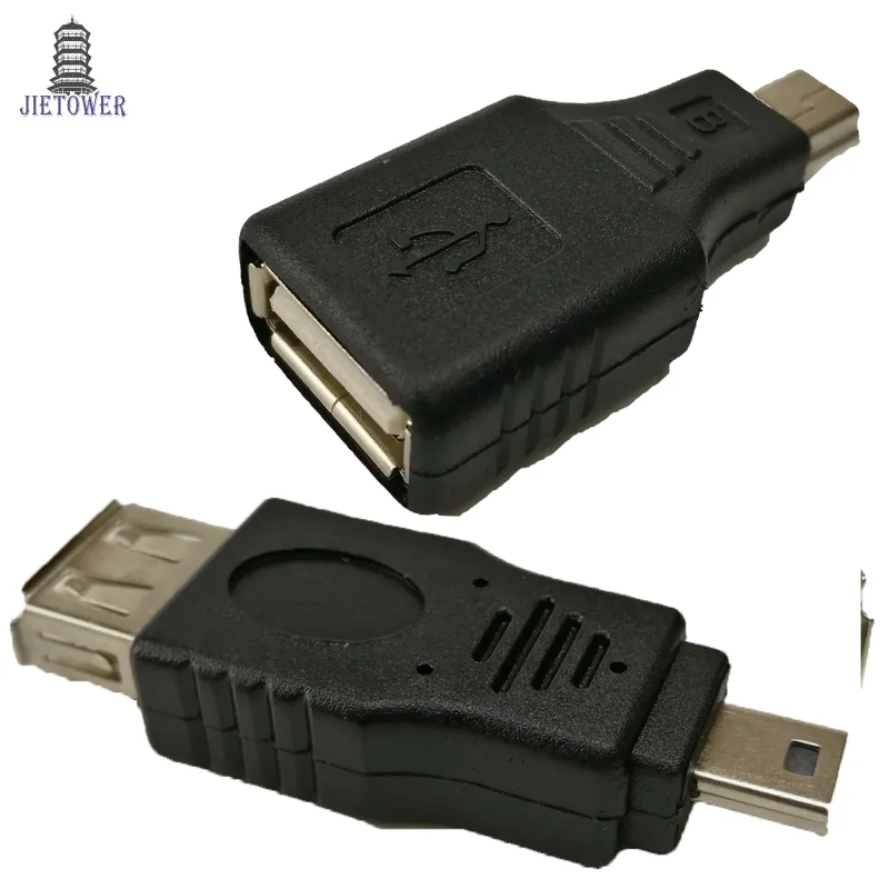 500PCS / LOT Svart USB 2.0 En Kvinna till Mini USB B 5PIN Male Plug OTG Host Adapter Converter Connector