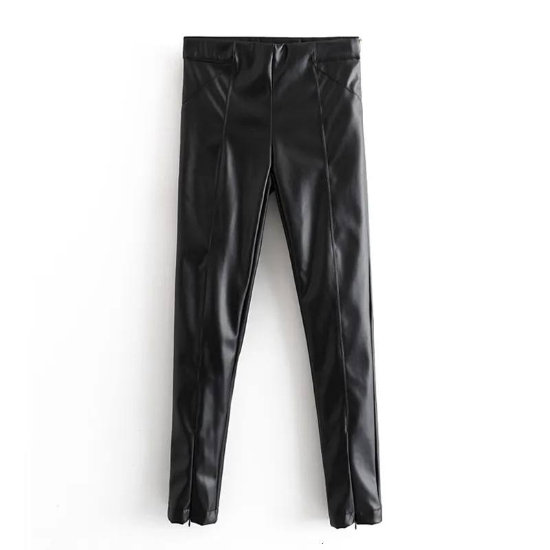 AGong Plush PU Leather Pants Women Fashion High Imitation Leather Trousers Women Elegant Solid Zipper Pants Female Ladies JX V191111