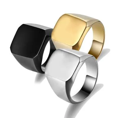 Mode Ringe Quadrat Große Breite Siegelringe 24 Karat Titan Stahl Mann Finger Silber Schwarz Gold Männer Ring