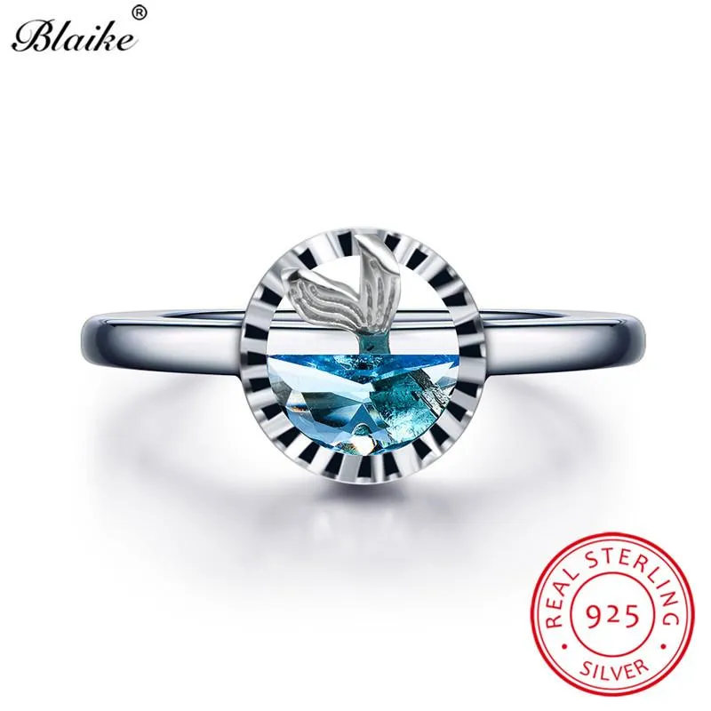 Fashion-Solid S925 Sterling Silver Mermaid Ringar För Kvinnor Aquamarine Crystal Engagement Ring Söt Fairy Charm Bröllop Bands