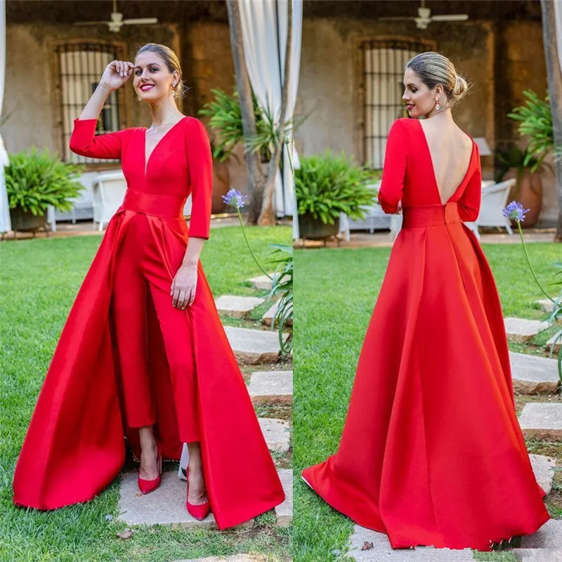 Red Jumpsuits Evening Dresses 2022 with 3/4 Long Sleeves V Neck Backless Sweep Train Formal Prom Party Gowns Pants