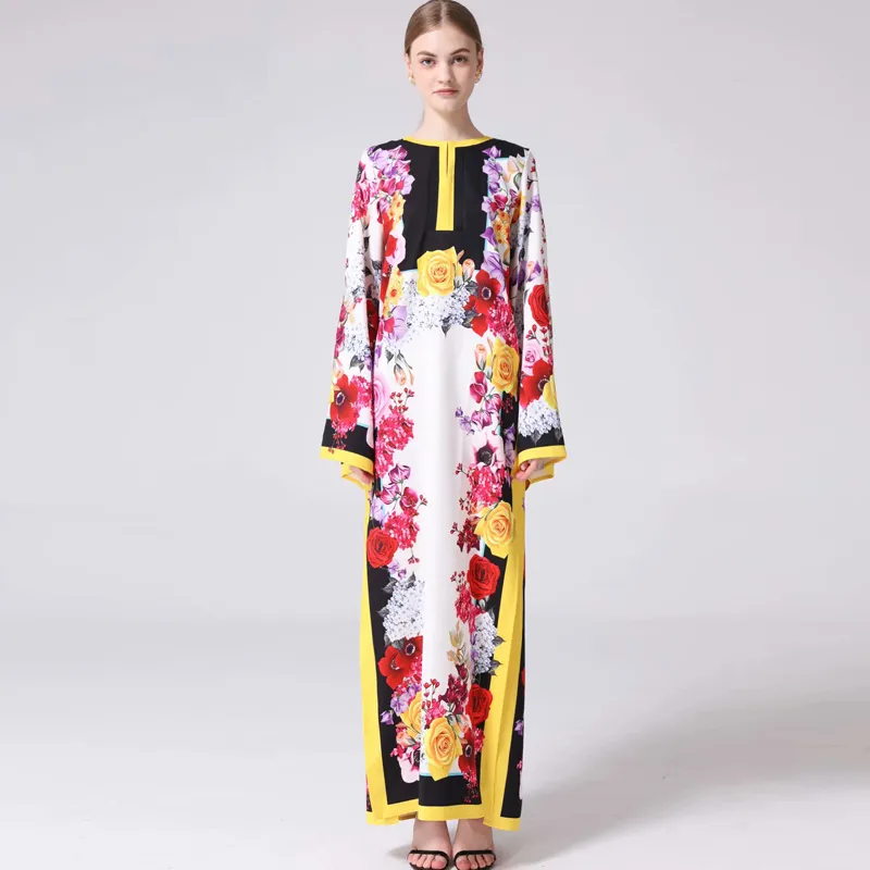 Women's Runway Dresses O Neck Long Sleeves Loose Design Side Split Flora Printed Fashion Casual Maxi Dresses