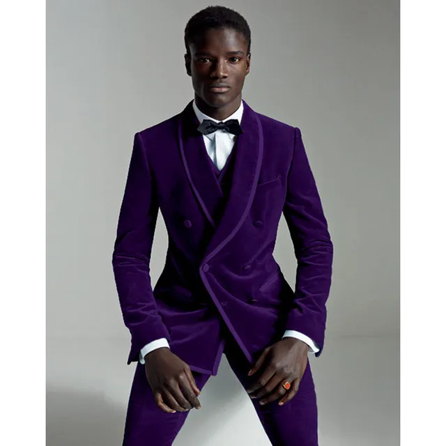 Wysokiej jakości podwójne breasted Dark Fioletowy Velvet Wedding Groom Tuxedos Szal Lapel Groomsmen Mężczyźni Garnitury Prom Blazer (kurtka + spodnie + kamizelka + krawat) W82