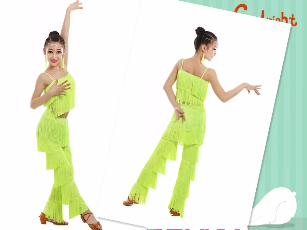 latin dance dresses for ballroom plus size fringe tassel dress pants tango Jazz salsa samba costume kids children girls252u