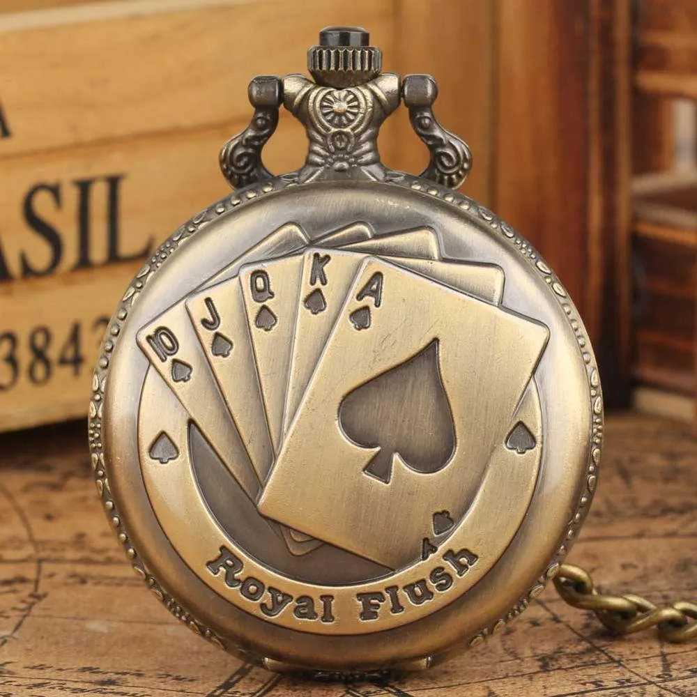 Vintage Pocket Watches retro bronzen Royal Flush Quartz Hanger FOB Pocket horloge met kettingketen Gift Klok voor mannen vrouwen