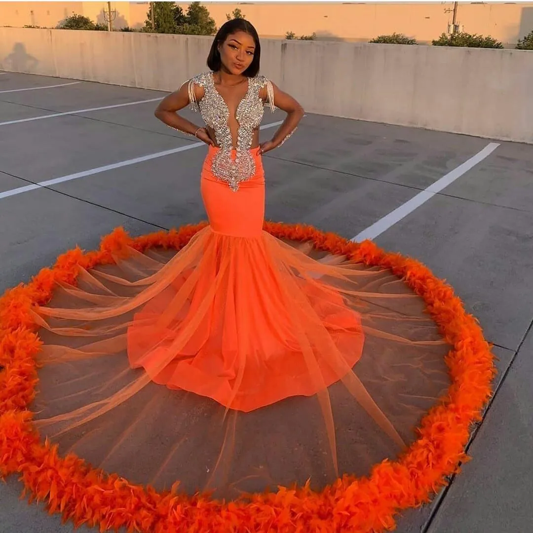DHgate Orange Mermaid Prom Dresses Lace Beads Crystal Feather Formal Evening Dress 2020 Deep V Neck African Robes De Soiree Wedding Party Events