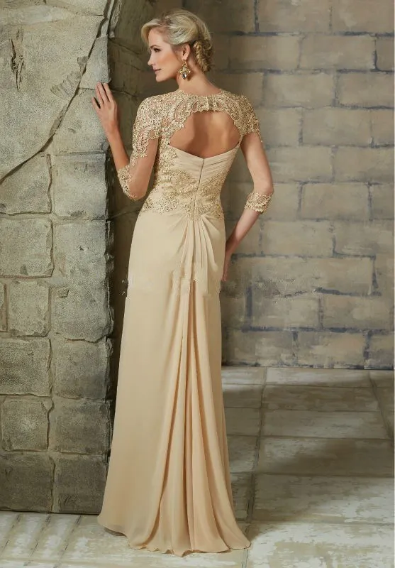 abiti estivi boho per la madre della sposa vintage in chiffon color oro con apertura sul retro abito da cerimonia per invitati per occasioni serali mamma economica evenin334u