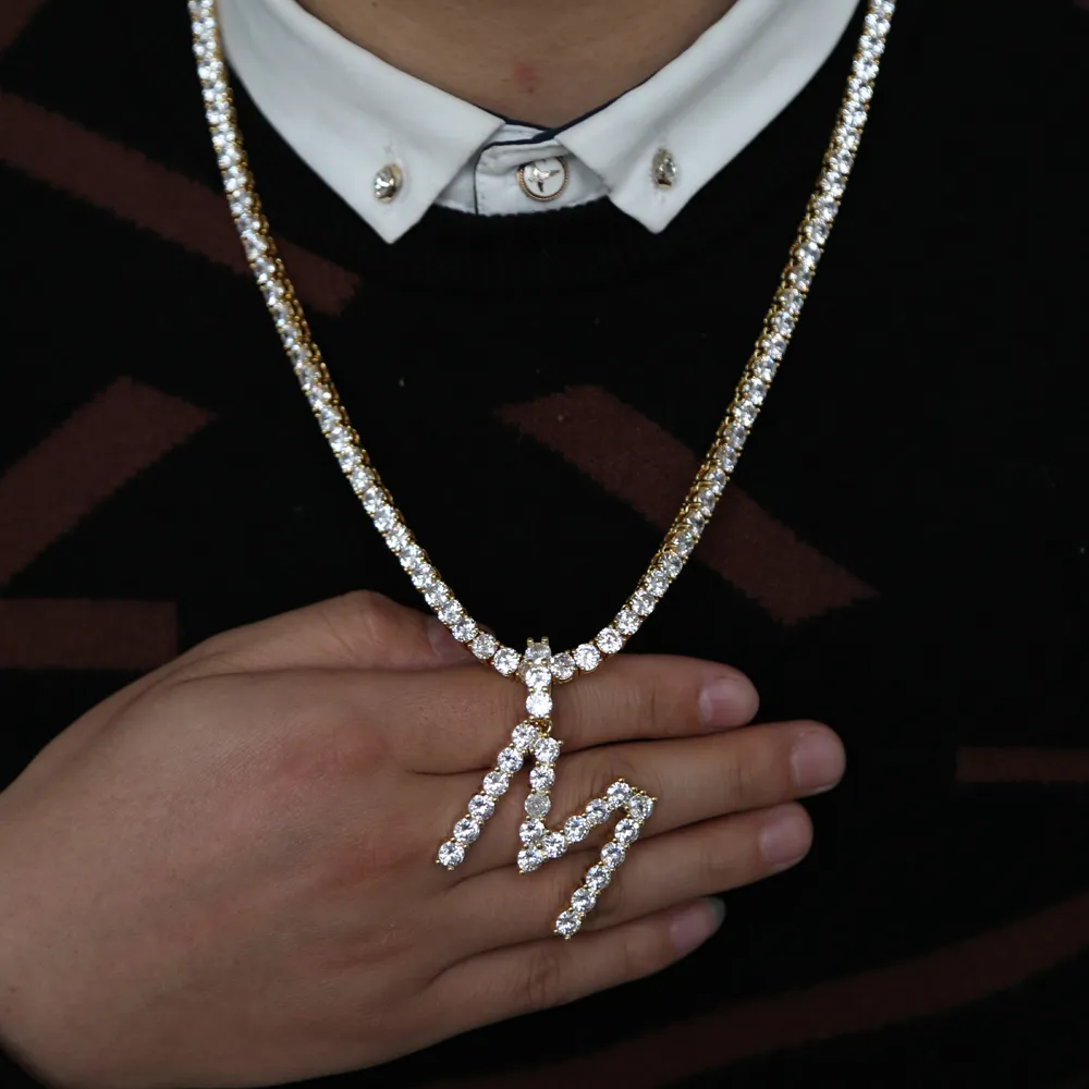 A Z Zircon Tennis Letters Necklace Pendant Gold Silver HipHop Jewelry with 4mm Tennis Chain