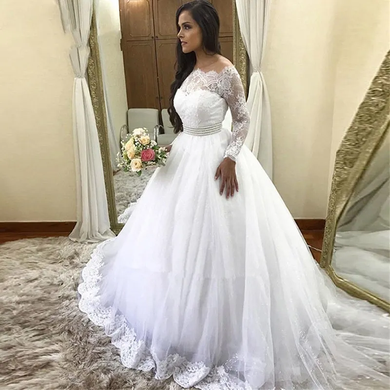 Romântico de rendas comprida feminina Branca vestidos de casamento 2020 Pérolas Sashes Off recepção do casamento Shoulder vestido de festa vestidos de noiva vestes de mariée