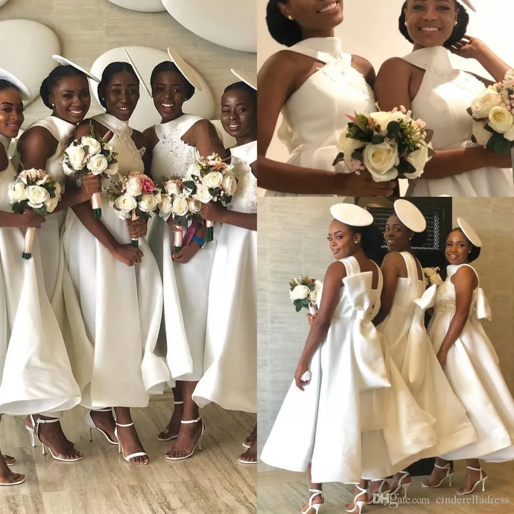 Simple New White Bridesmaid Dresses African Arabic Lace Beaded High Neck Ankle Length Wedding Guests Dresses Party With Bow Knot Back