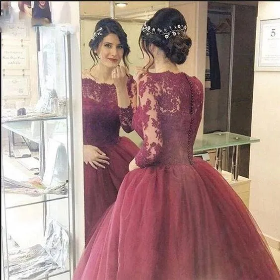 knee length dresses for ladies V Neck Long Sleeves Burgundy Lace Prom Gowns, Long Sleeves Wine Red La –  morievent main image 0