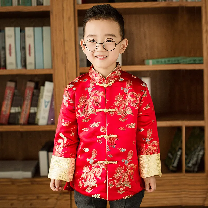 أحمر الحرير شيونغسام أعلى الديباج الطفل السنة الصينية الجديدة الملابس الشتاء الصبي سترة الأطفال أطفال سترة واقية الفتيان معطف تشيباو