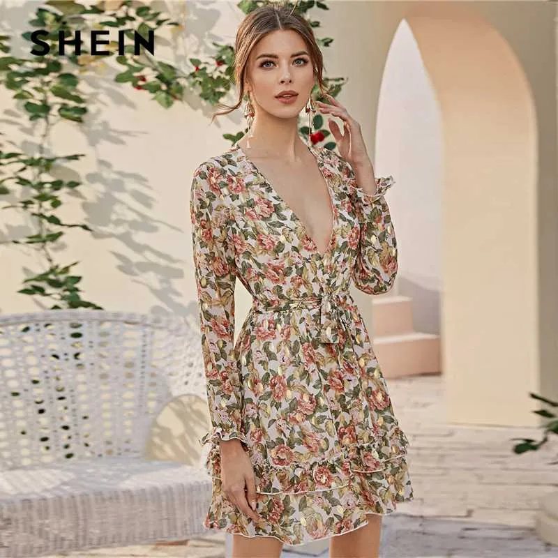 Shein Profunda V Neck Floral Imprimir Boho Vestido Com Cinto Mulheres  Spring Flounce Sleeve Cintura Alta Em Camadas Camada Hem Folho Vestidos  Curtos De $274,21