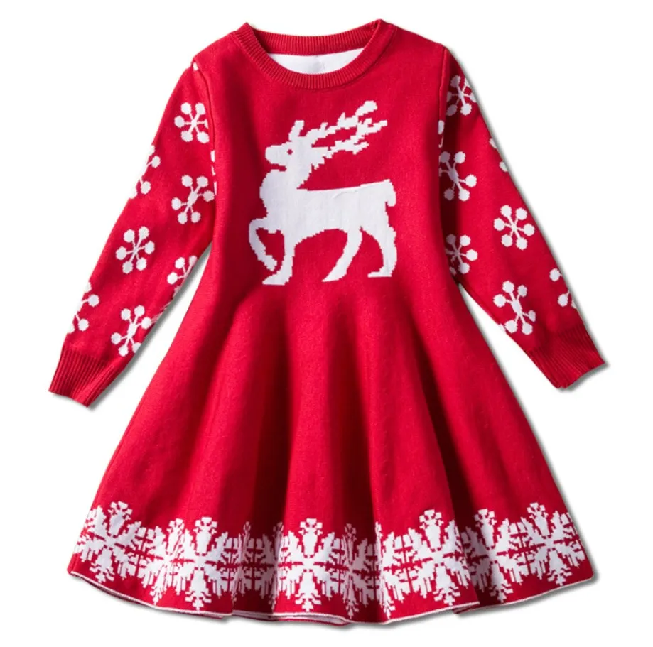 Jupes de noël pour petites filles, couleur rouge, tricot de cerf, robe chaude de vacances pour enfants, jupes de fête pour enfants